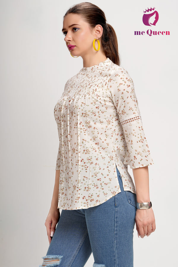 MeQueen Women's White Top with Red and Golden Small Flower Print