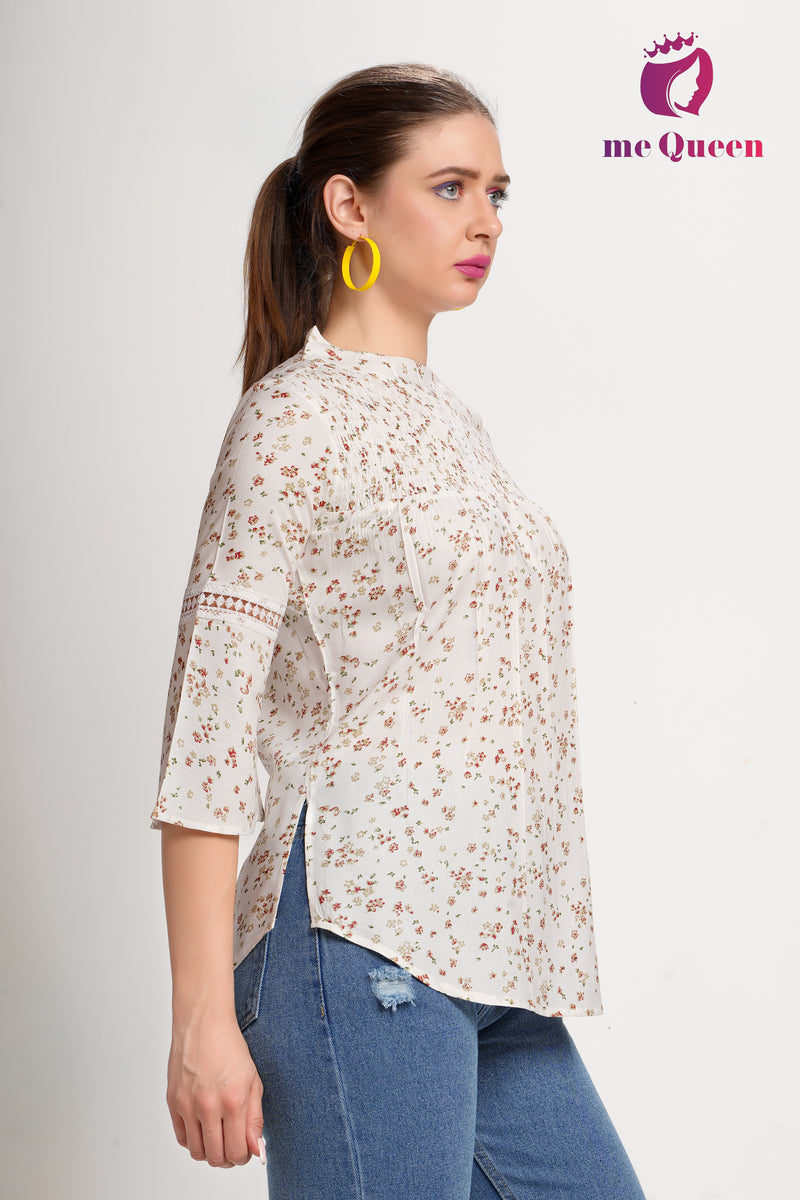 MeQueen Women's White Top with Red and Golden Small Flower Print