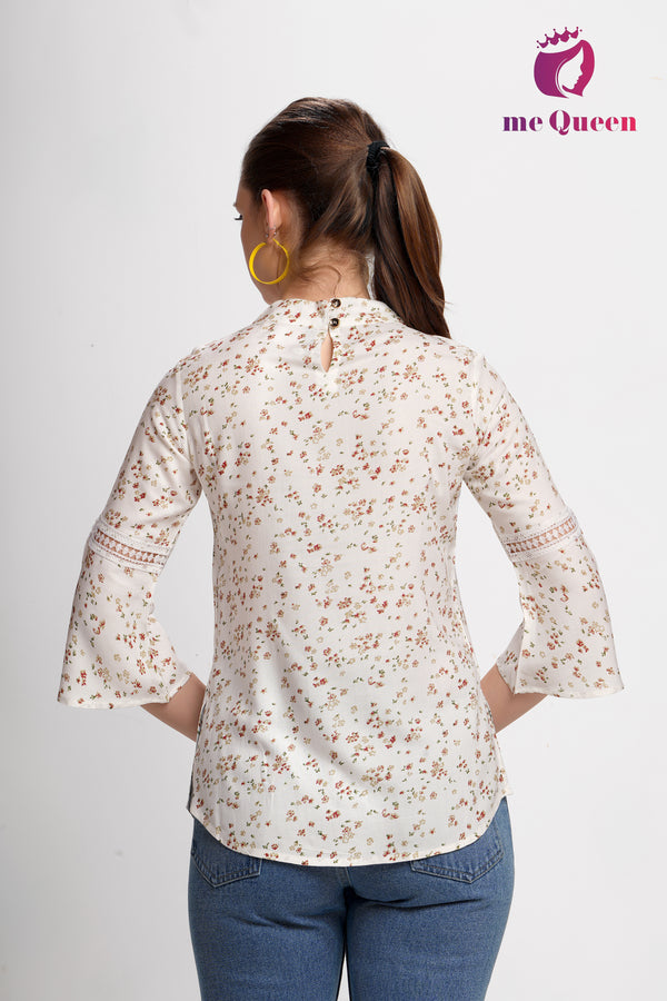 MeQueen Women's White Top with Red and Golden Small Flower Print