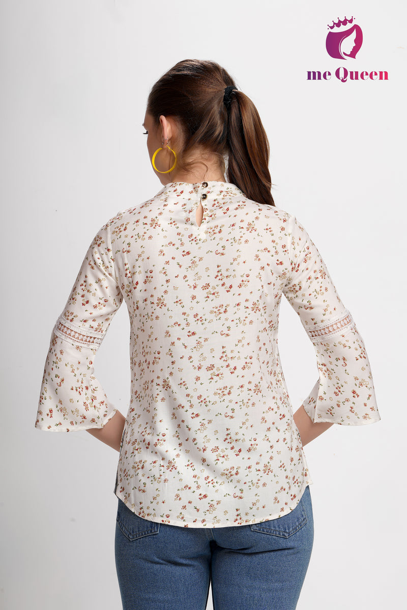 MeQueen Women's White Top with Red and Golden Small Flower Print