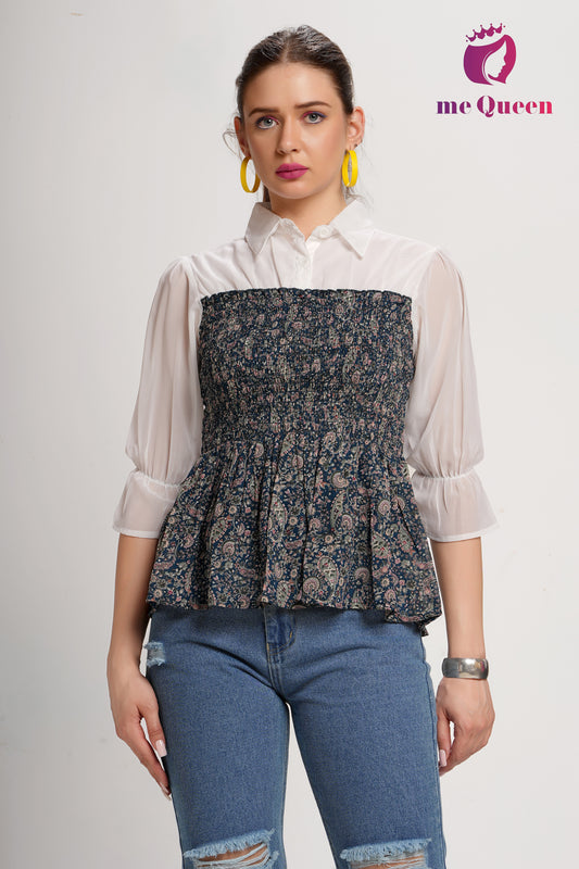 MeQueen's Blue Smoking Printed Top with White Collar