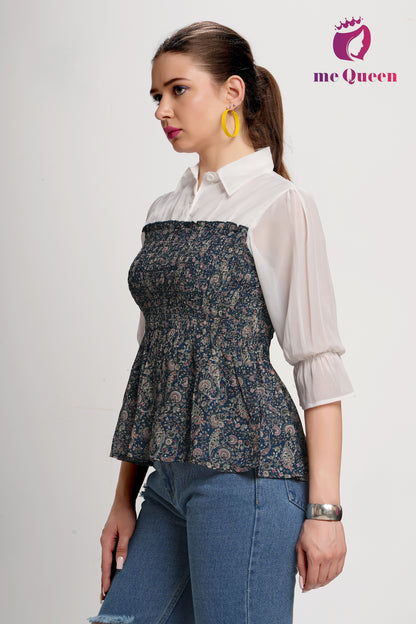 MeQueen's Blue Smoking Printed Top with White Collar