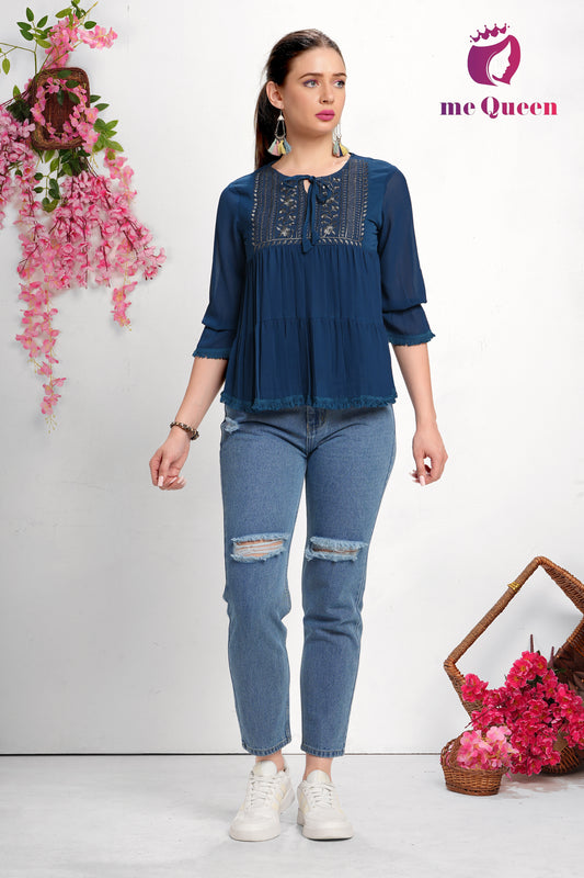 MeQueen's Casual Embroidered Women Dark Blue Top