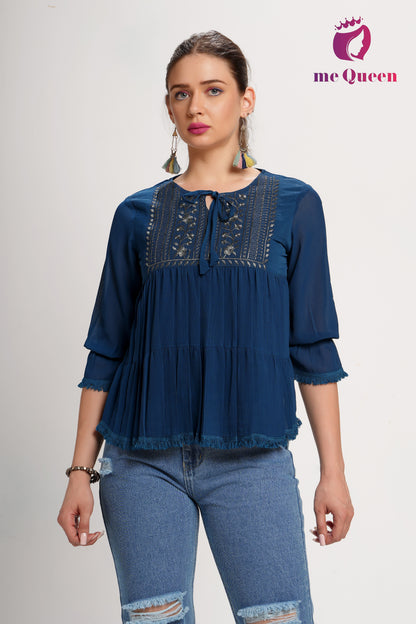 MeQueen's Casual Embroidered Women Dark Blue Top