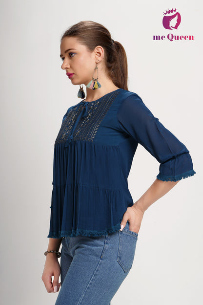 MeQueen's Casual Embroidered Women Dark Blue Top