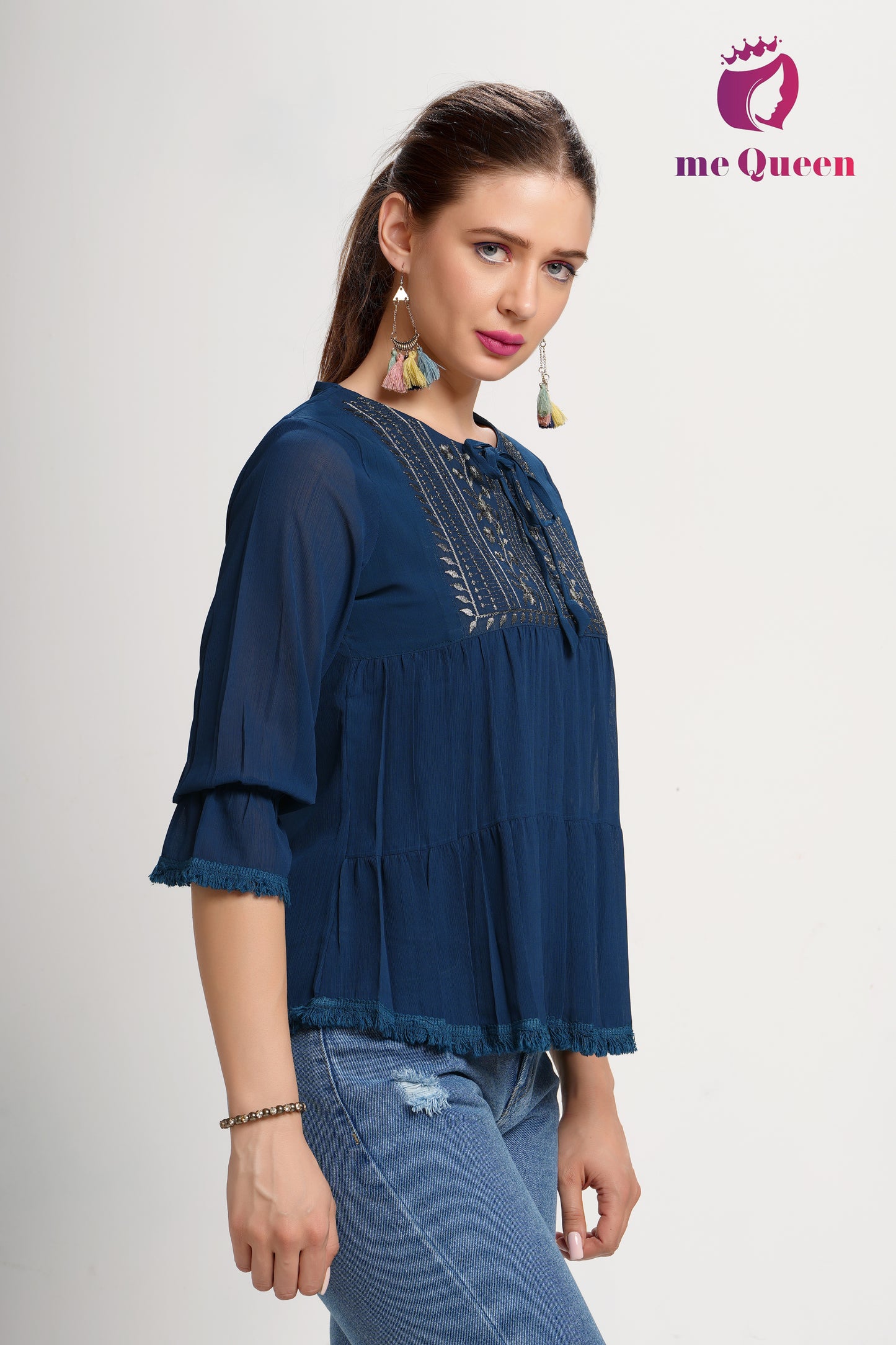 MeQueen's Casual Embroidered Women Dark Blue Top