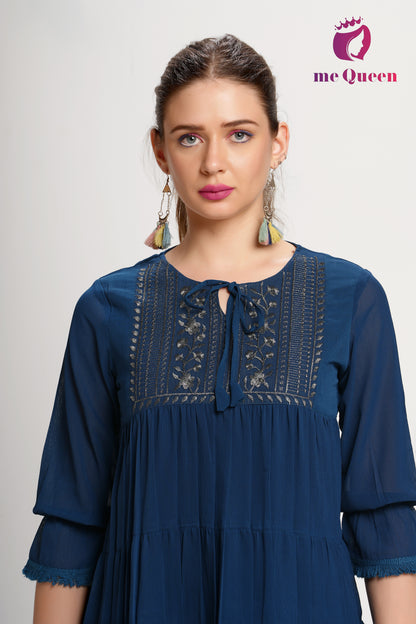 MeQueen's Casual Embroidered Women Dark Blue Top