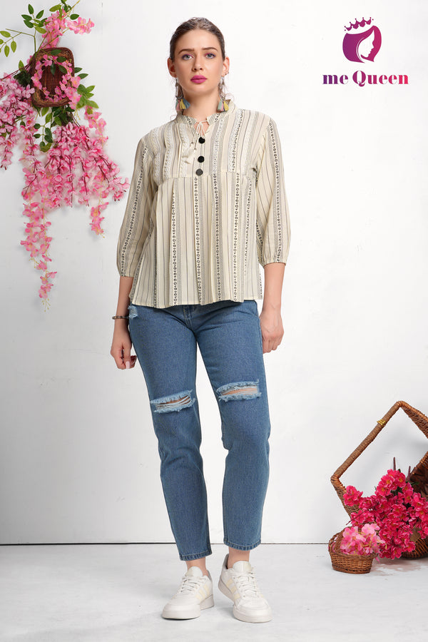 MeQueen Women's Cream Top with Black Flower Print and Lace Work