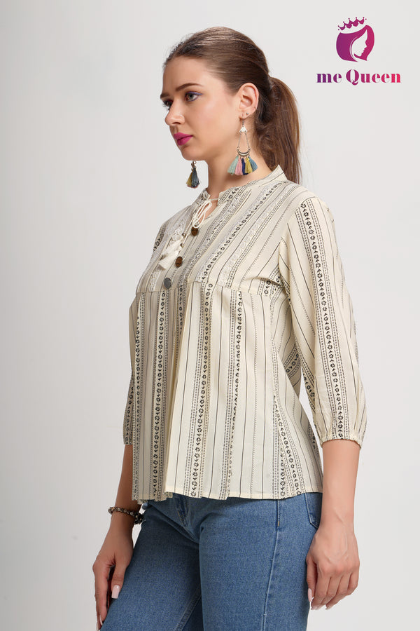 MeQueen Women's Cream Top with Black Flower Print and Lace Work