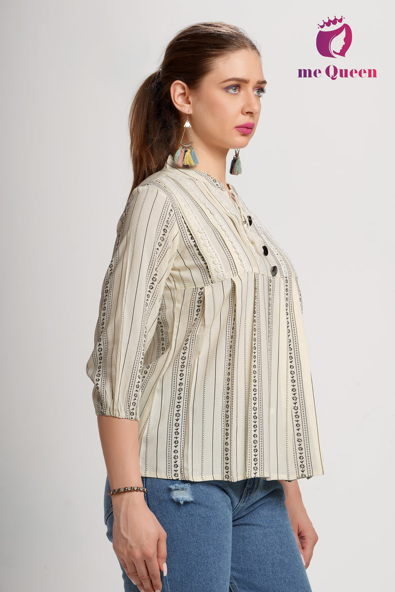 MeQueen Women's Cream Top with Black Flower Print and Lace Work