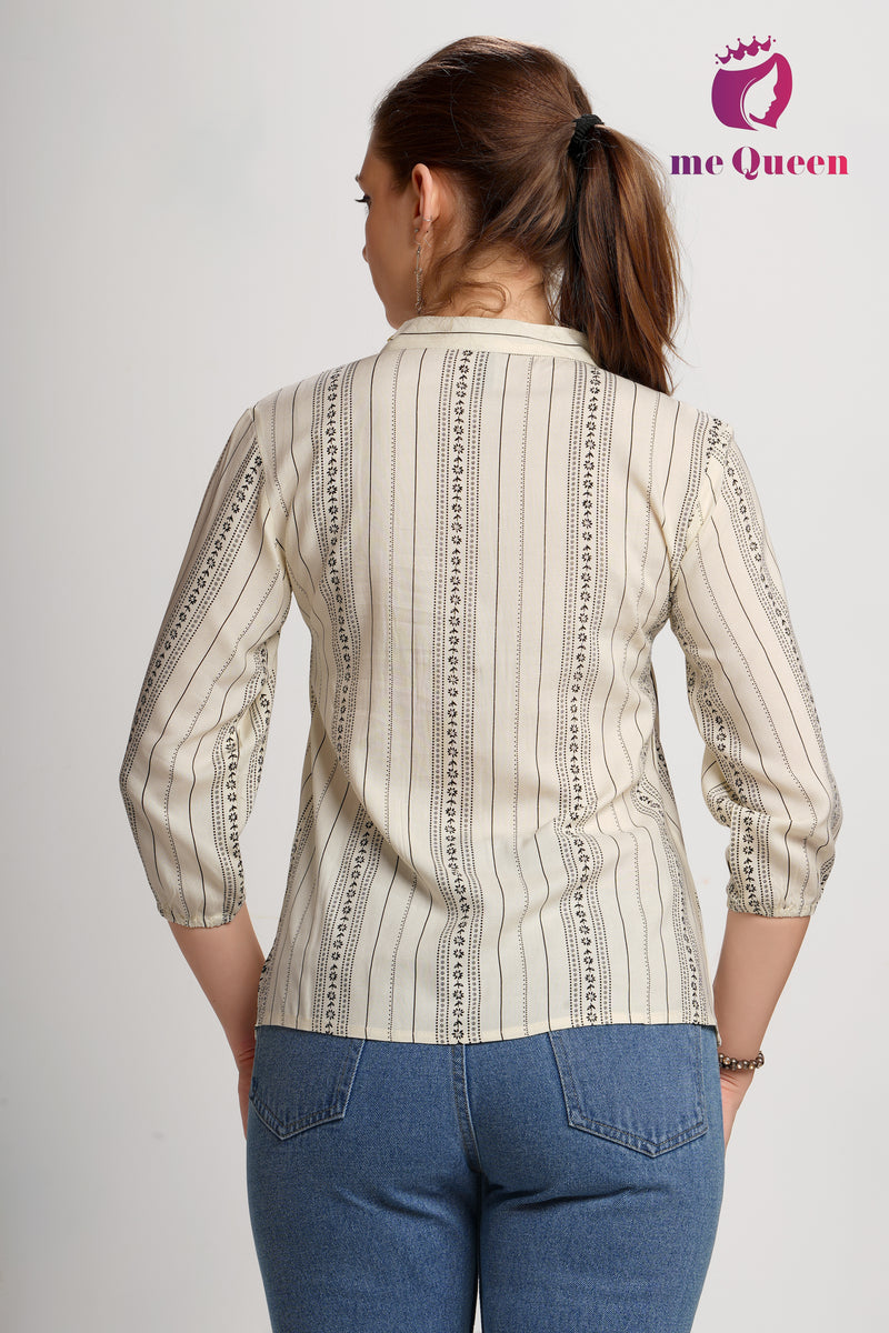 MeQueen Women's Cream Top with Black Flower Print and Lace Work
