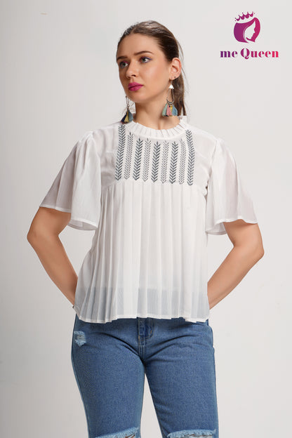 MeQueen's White Smocked High Neck Top with Thread Work