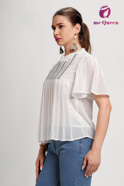 MeQueen's White Smocked High Neck Top with Thread Work