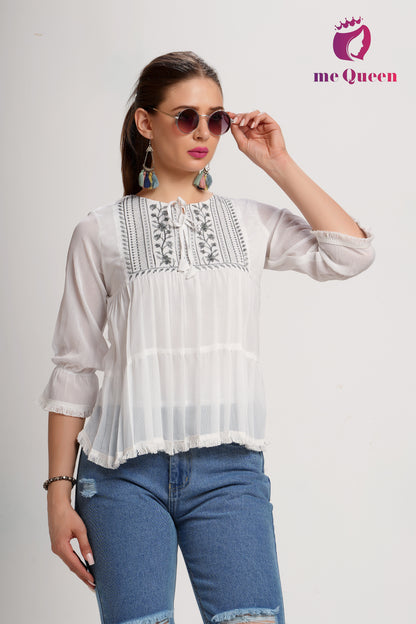 MeQueen's Casual Embroidered Women White Top