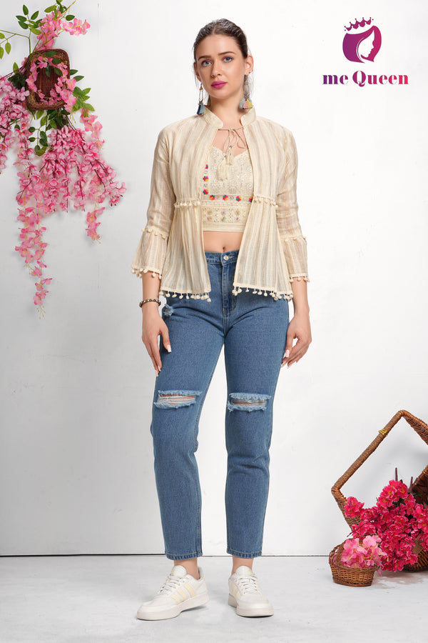 MeQueen's Women Cotton 2 Piece Smoking Top with Shrug