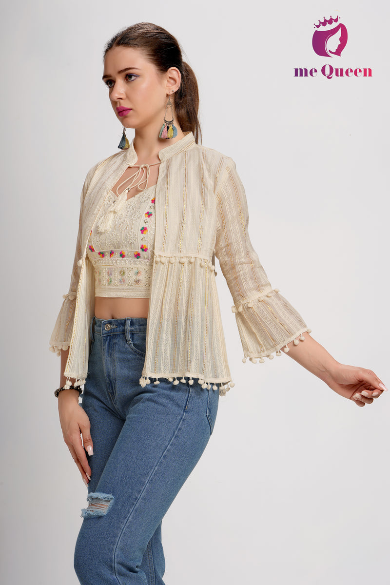 MeQueen's Women Cotton 2 Piece Smoking Top with Shrug