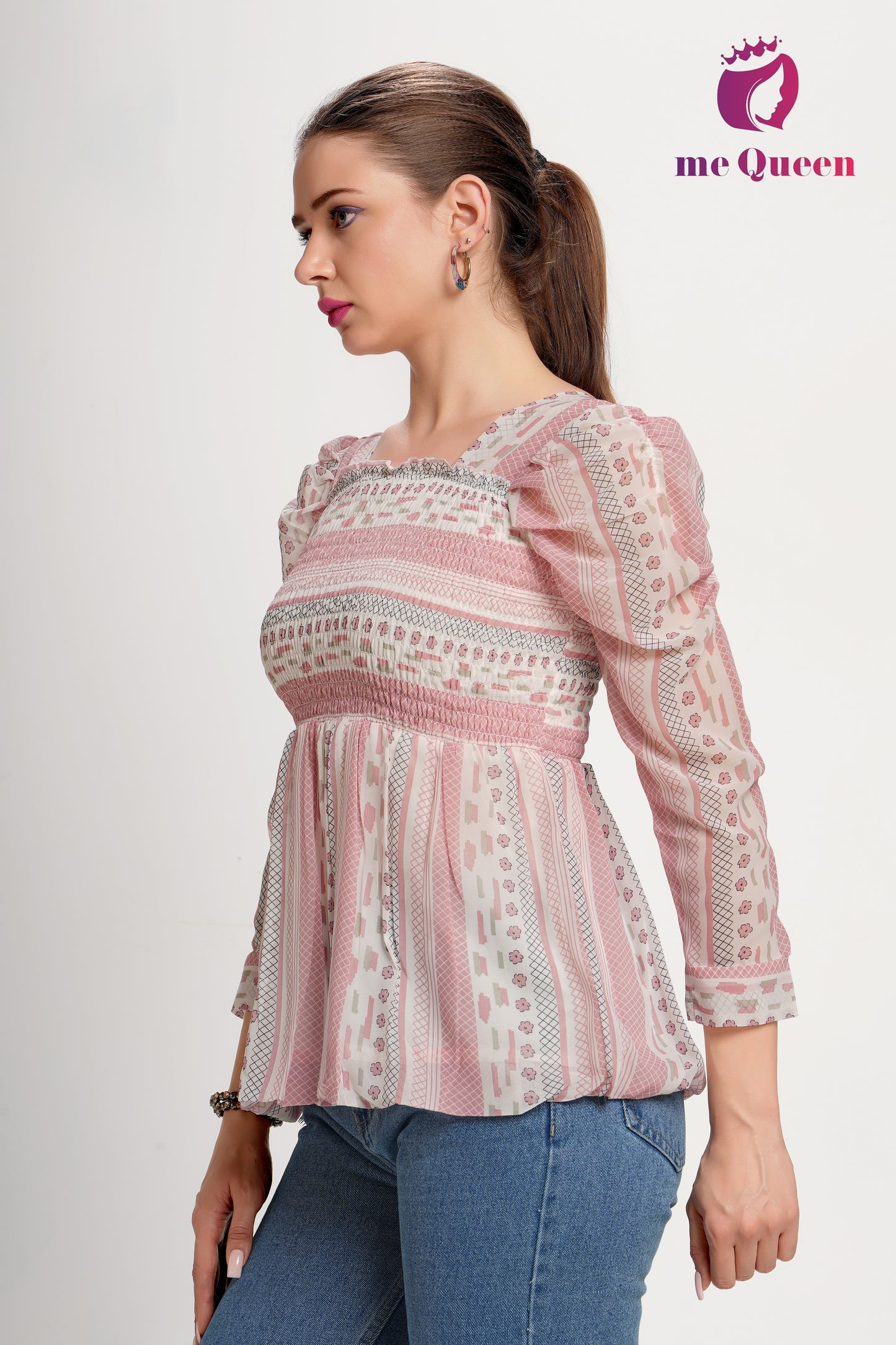 MeQueen's White & Pink Printed Peplum Top