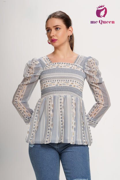 MeQueen's White & Blue Printed Peplum Top