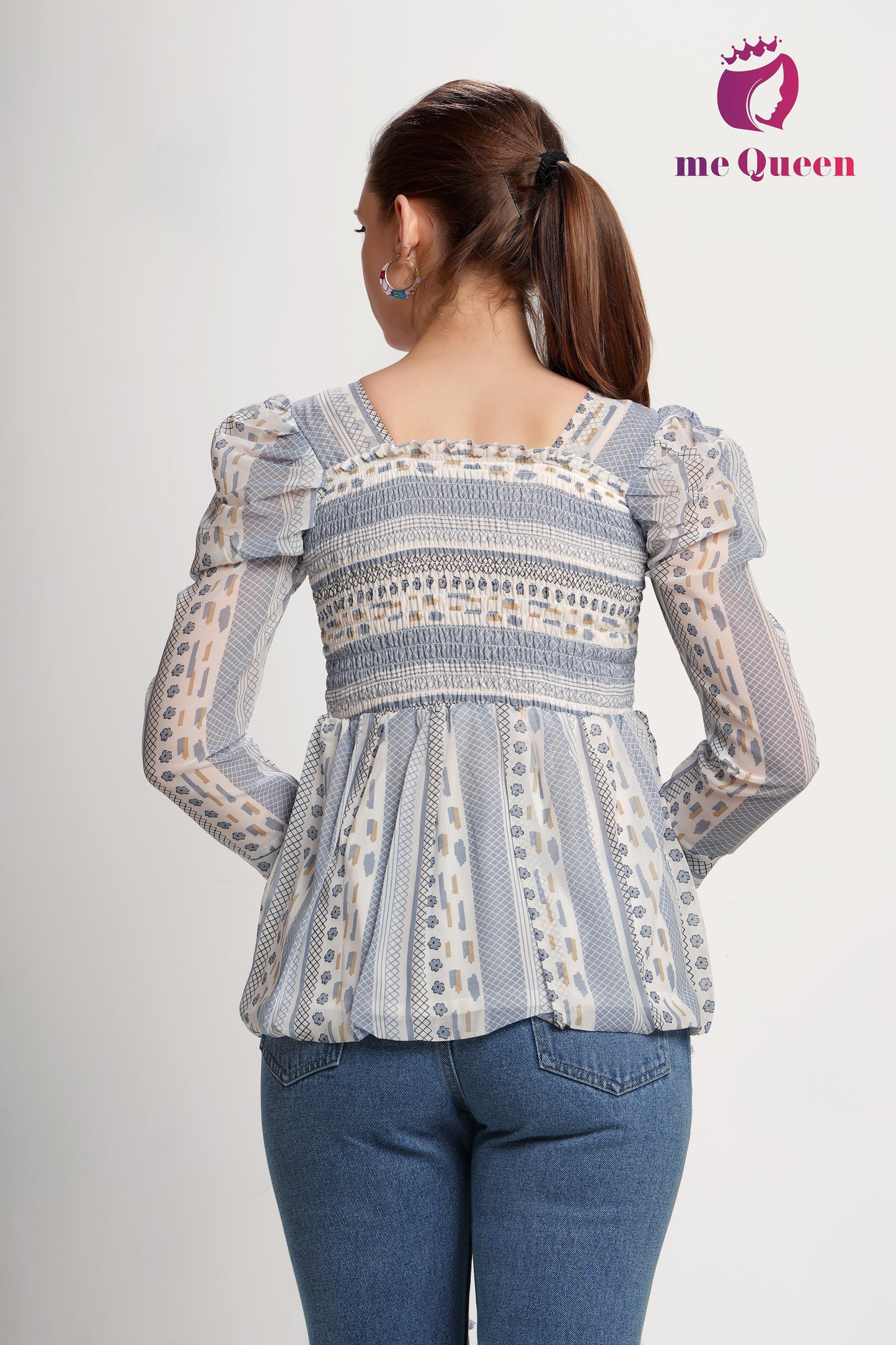 MeQueen's White & Blue Printed Peplum Top