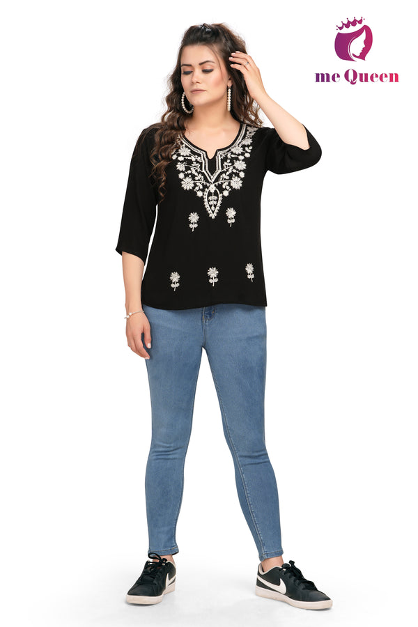 MeQueen Casual Embroidered Women Black Top