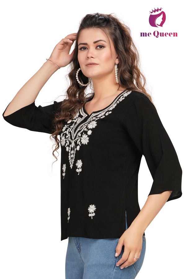 MeQueen Casual Embroidered Women Black Top