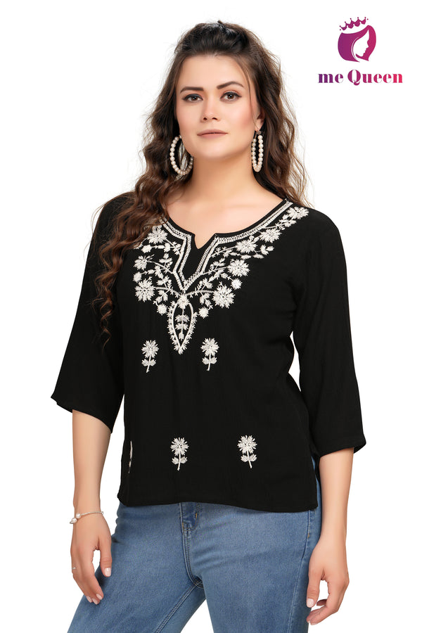 MeQueen Casual Embroidered Women Black Top