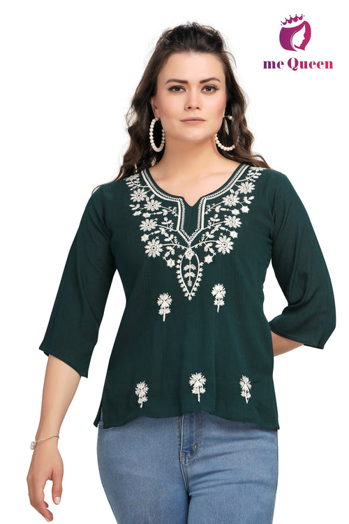 MeQueen Casual Embroidered Women Dark Green Top