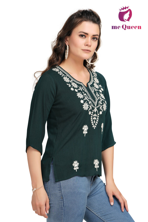 MeQueen Casual Embroidered Women Dark Green Top