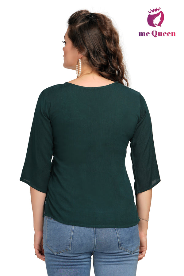 MeQueen Casual Embroidered Women Dark Green Top