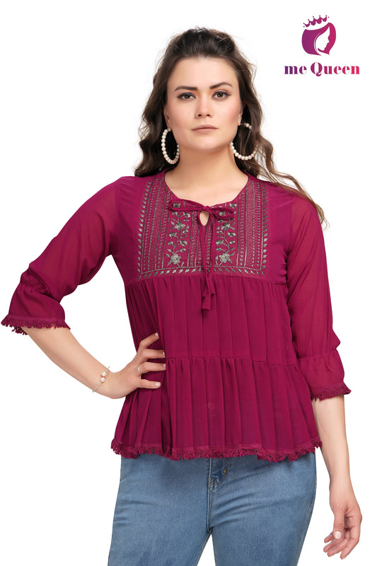 MeQueen Women's Embroidered Maroon Color Party Wear Top