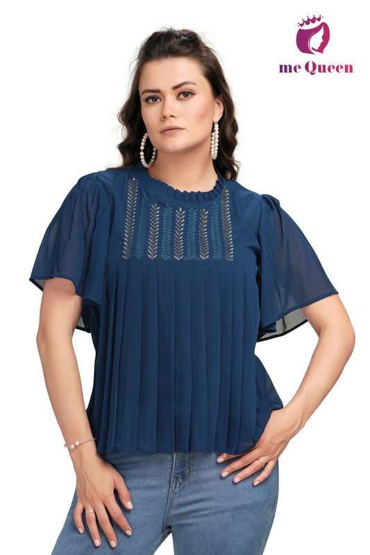 MeQueen Casual Embroidered Women Blue Top