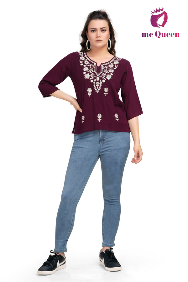 MeQueen Casual Embroidered Women's Maroon Color Top