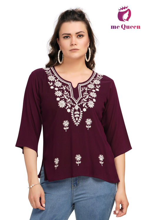 MeQueen Casual Embroidered Women's Maroon Color Top