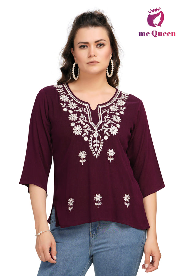 MeQueen Casual Embroidered Women's Maroon Color Top