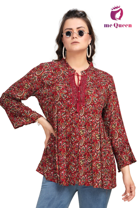 MeQueen Formal Floral Print Women Red Color Top