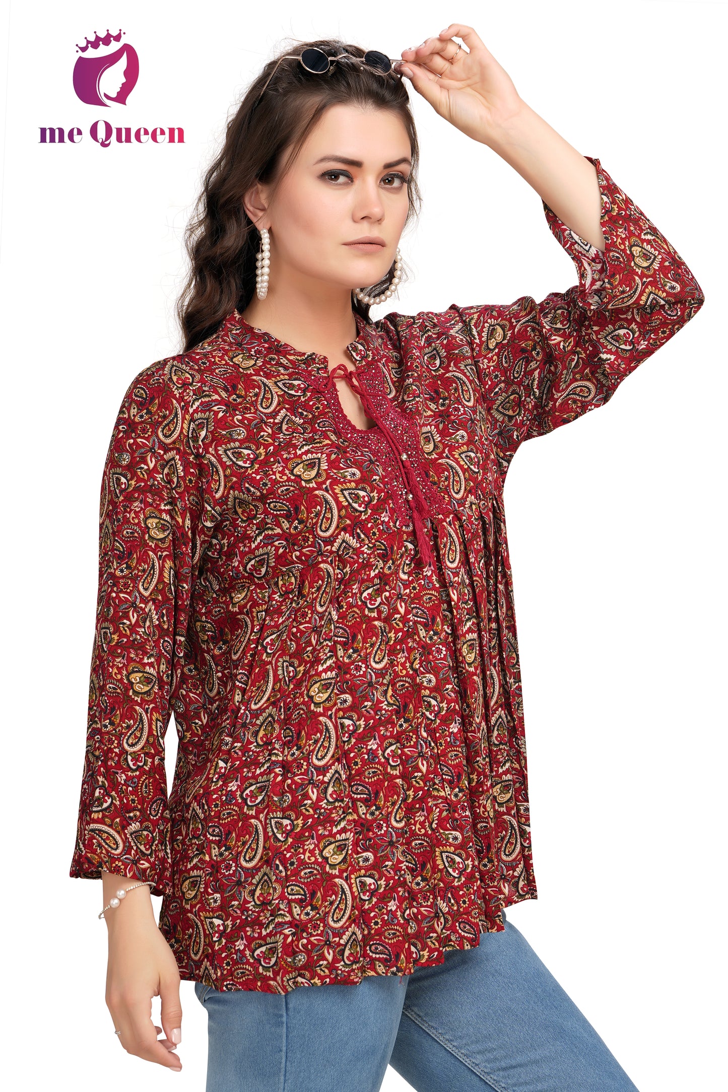 MeQueen Formal Floral Print Women Red Color Top