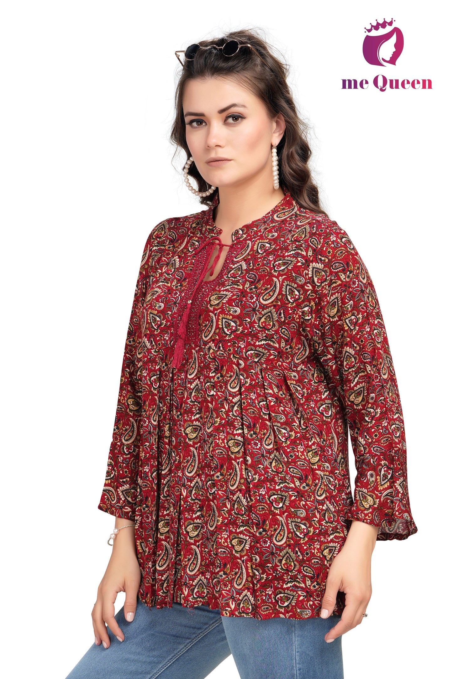 MeQueen Formal Floral Print Women Red Color Top