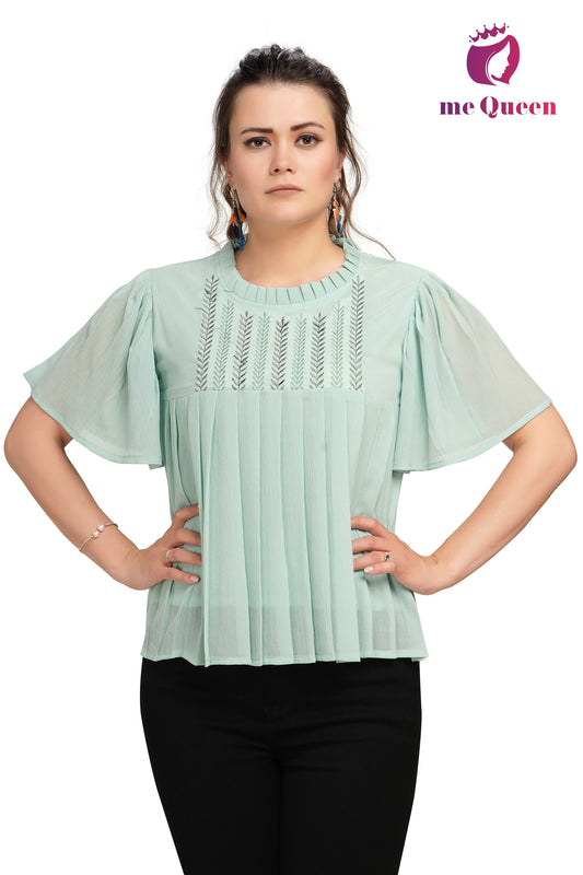 MeQueen Women Ruffled Neck Light Green Embroidered Top with Thread Work