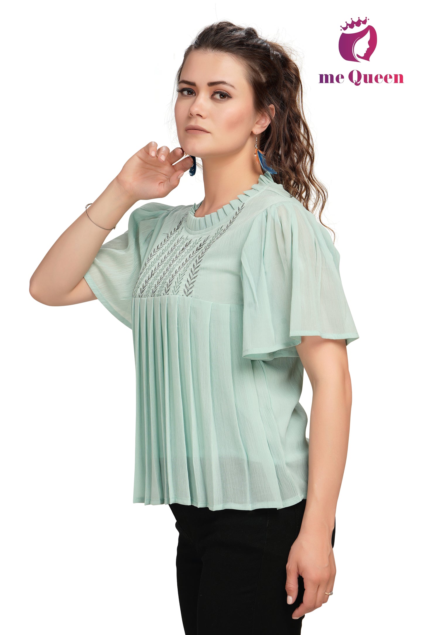 MeQueen Women Ruffled Neck Light Green Embroidered Top with Thread Work