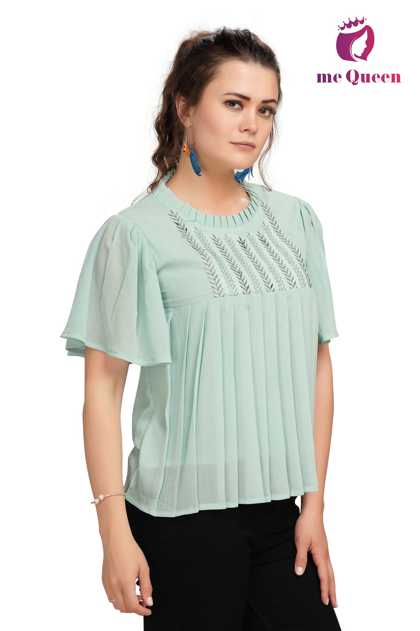 MeQueen Women Ruffled Neck Light Green Embroidered Top with Thread Work