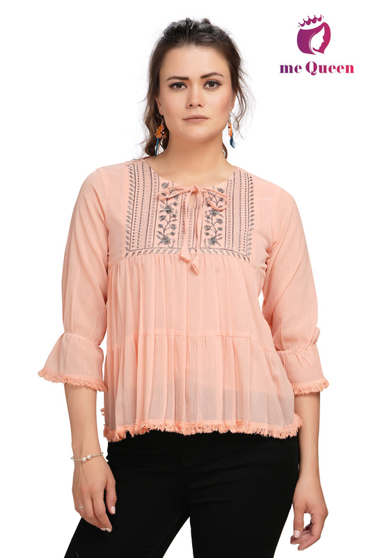 MeQueen Women's Tie up Peach Color Top With Grey Thread Work