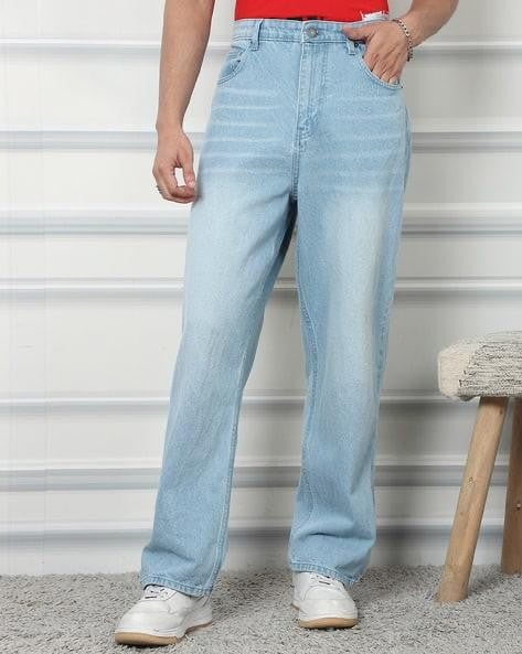 M Q Men’s Straight Fit Loose Jeans | Mid Wash Whisker Spray Denim | Comfortable Heavy Cotton | Casual Wear | Ice Blue