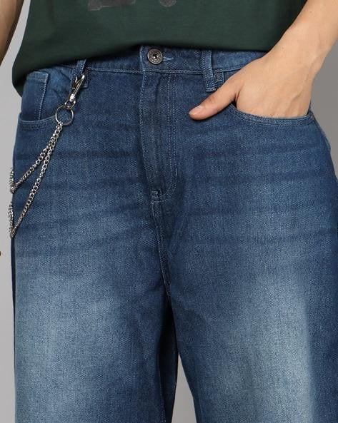 M Q Men’s Straight Fit Loose Jeans | Mid Wash Whisker Spray Denim | Comfortable Heavy Cotton | Casual Wear | Dark Blue