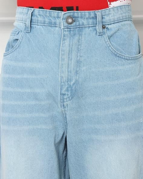 M Q Men’s Straight Fit Loose Jeans | Mid Wash Whisker Spray Denim | Comfortable Heavy Cotton | Casual Wear | Ice Blue