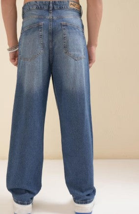 M Q Jeans Men’s Straight Fit Loose Denim Jeans | Mid Wash Whisker Spray | Heavy Cotton Casual Wear | Stone Blue