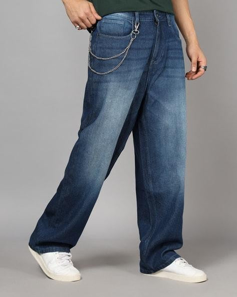 M Q Men’s Straight Fit Loose Jeans | Mid Wash Whisker Spray Denim | Comfortable Heavy Cotton | Casual Wear | Dark Blue