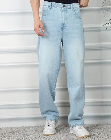 M Q Jeans Men’s Straight Fit Loose Denim Jeans | Mid Wash Whisker Spray | Heavy Cotton Casual Wear | Ice Blue