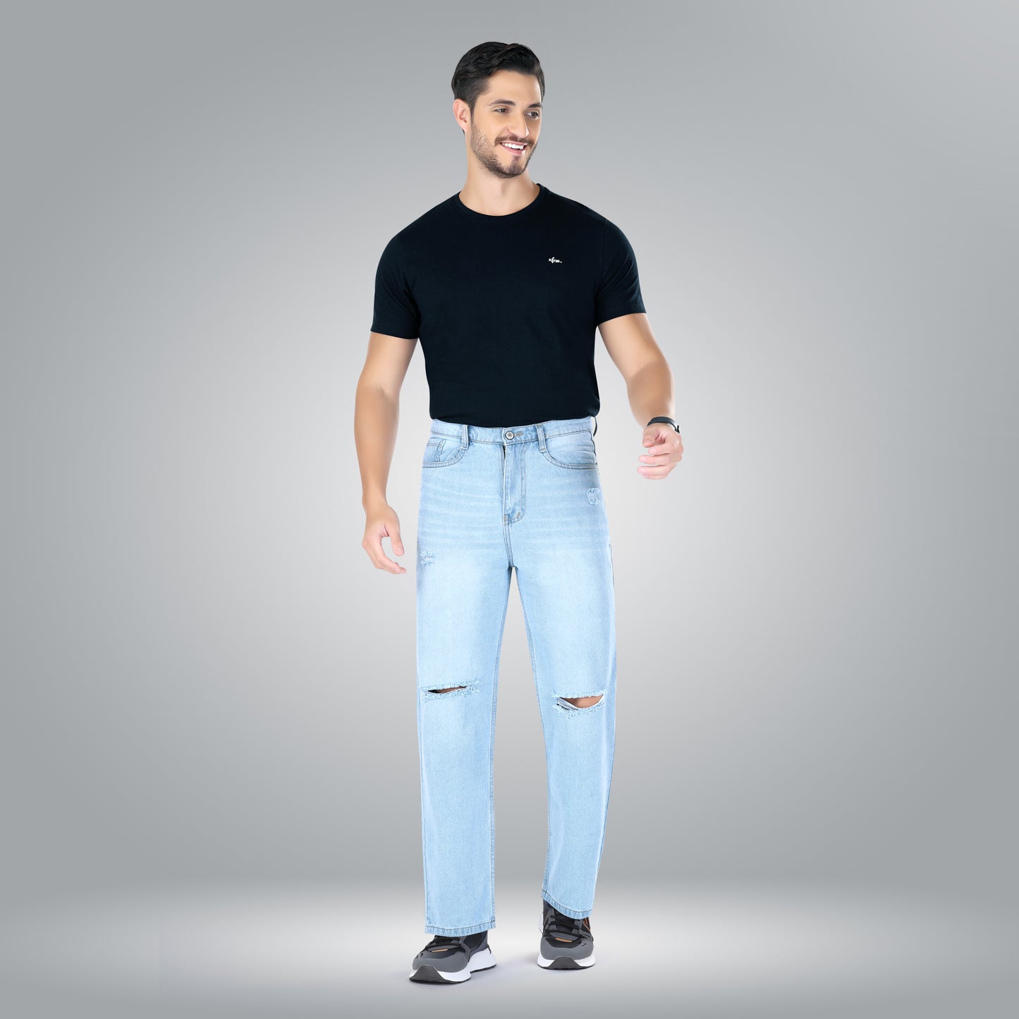 MQ Denim Knee Slit Distressed Sky Blue Loose Fit Relaxed Non-Stretchable 100% Cotton Mid Rise Men's Jeans