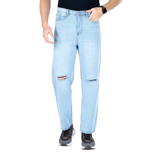 MQ Denim Knee Slit Distressed Sky Blue Loose Fit Relaxed Non-Stretchable 100% Cotton Mid Rise Men's Jeans