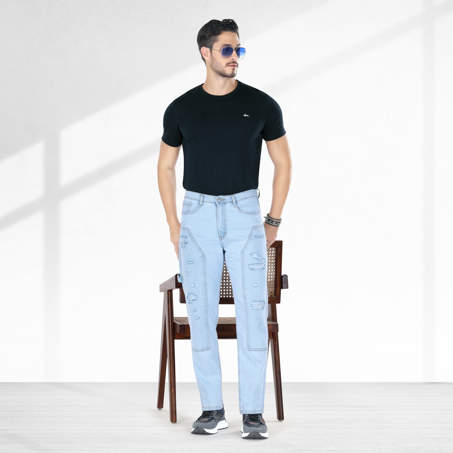 MQ Denim Straight Fit Non Stretchable Relaxed Mid Rise Stylish Sky Blue Distressed Men's Jeans - Available in Variety of Colour